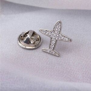 Airplane Plane Aviation Airline Silver Rhinestone Diamond Lapel Travel Pin